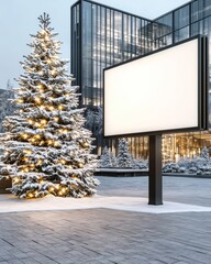 A large blank billboard beside a snowy tree sets a winter scene. 