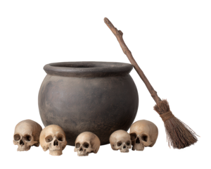 Spooky, dark halloween scene with black cauldron, an old witch broom, and collection of macabre human skull for creepy witchcraft or magic ritual