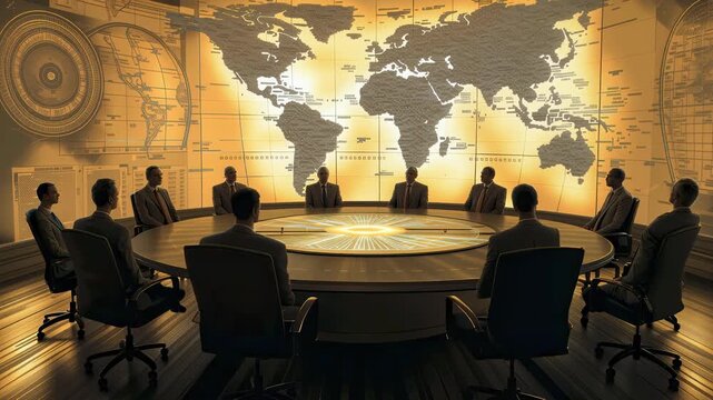 Secret Meeting in Dark Room with World Map and Round Table