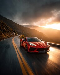 Red sports car drives on winding mountain road at sunset with dramatic clouds