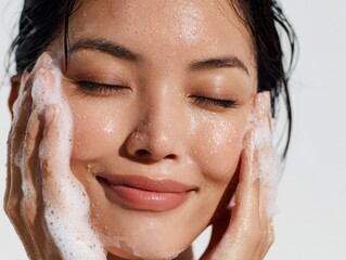 Woman washing her face with foam in bright light during daytime skincare routine