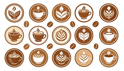 Set of coffee icons cups, leaves, and steam in circular frames