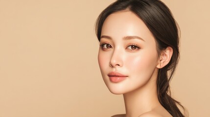 Portrait of a woman with clear skin and stylish hair in a neutral background setting