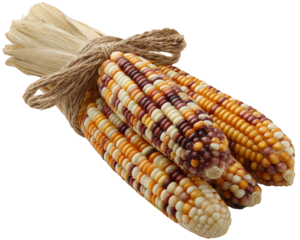 Cheerful bundle of colorful Indian corn, rustic autumn decoration for harvest festival and Thanksgiving, isolated on transparent background for easy use