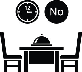 Dining restriction icon with clock and “No” symbol, black silhouette vector, meal timing illustration, minimal hospitality signage graphic