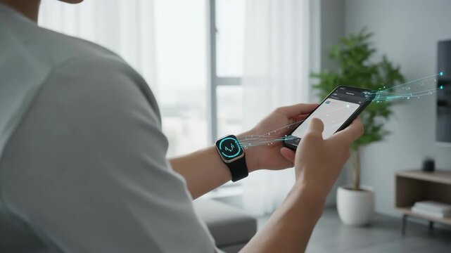 Medium shot of a person wearing a sleek IoT health monitor wristband syncing data wirelessly to a smartphone app for realtime health tracking.