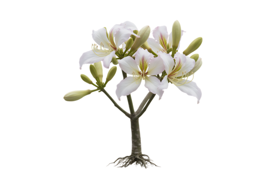 Delicate white orchid tree blossoms with buds isolated on transparent background