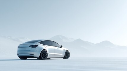 Winter landscape with a sleek electric car parked in a snowy setting near mountains
