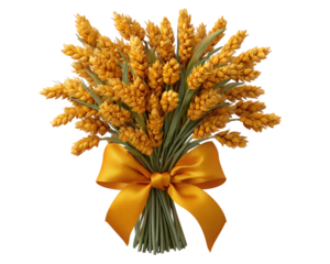 Wholesome gold wheat sheaf bunch, beautiful symbol of bountiful autumn harvest. An isolated illustration of grain tied with ribbon, feeling warm and rustic
