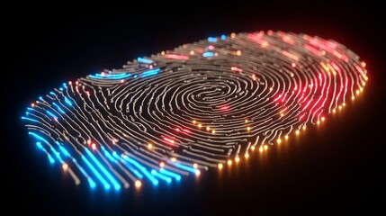 Futuristic glowing fingerprint design for cutting-edge biometric security technology, access control, and identity verification systems, highlighting innovation and digital security solutions