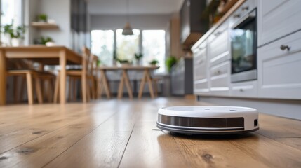 Autonomous robotic vacuum cleaner quietly navigating hardwood floors main device sharply in focus with blurred background kitchen cabinets.