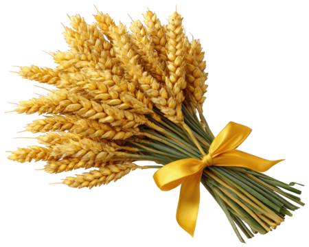 Golden sheaf of wheat tied with yellow ribbon, rustic symbol of an abundant harvest. This beautiful bundle represents agriculture, nature bounty, and wholesome grain - Powered by Adobe