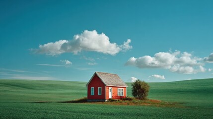 Red house stands alone in vast green field under a bright blue sky with fluffy clouds