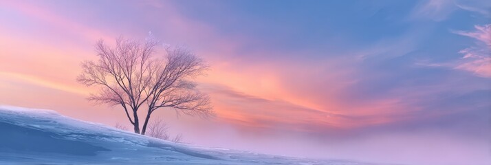 Winter landscape with a solitary tree against a pastel sunset sky