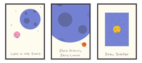 Minimalist cosmic space poster set. Planets, stars, and galaxy quotes art prints