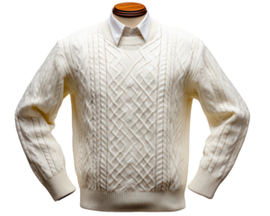 Cozy white cable knit sweater on mannequin. This warm fashion clothing exudes classic style and comfort. Perfect winter apparel with intricate texture and pattern