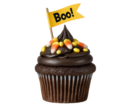 Spooky chocolate cupcake dessert with candy corn, perfect festive Halloween treat. This fun food illustration features yellow boo flag topper for any party celebration