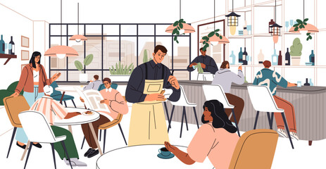People sitting at the tables in restaurant. Customer makes order from waiter. Cozy interior of coffeehouse or cafe with bar counter and barista at the it. Flat isolated vector illustration on white