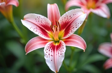 Fototapeta premium Vibrant pink white lily flower close-up. Petals show red spots, yellow pistil, stamens. Green garden foliage blurs soft background. Plant blooms outdoors, signaling spring summer beauty.