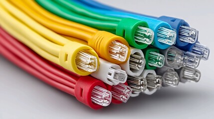 Vibrant collection of colorful ethernet cables for fast data connections in modern office, perfect for network solutions and technology infrastructure projects requiring reliable connectivity