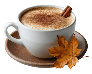Obraz premium Warm, cozy cappuccino coffee in white cup, garnished with cinnamon stick and powder. dry sycamore leaf on saucer evokes comforting autumn feeling