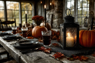 Cozy Autumn Harvest Table Setting with Pumpkins and Candlelight for a Rustic Fall Gathering
