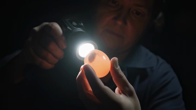 Detailed medium shot of an individual inspecting the transparency of an egg with a bright light in a dark room for embryo viability.