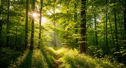 Obraz premium Sunlight streaming through the green leaves of trees in a dense forest with a dirt path visible ai generated