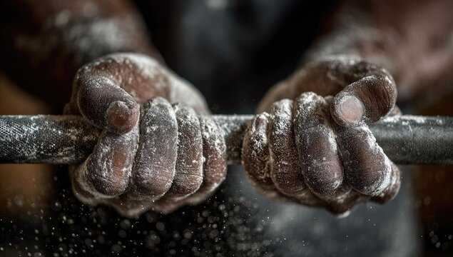 Close-up of hands gripping a weight bar, covered in chalk, ready for a strenuous workout
