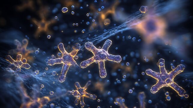 Microscopic view of cells and molecules with intricate connections, creating a visually captivating and scientific image