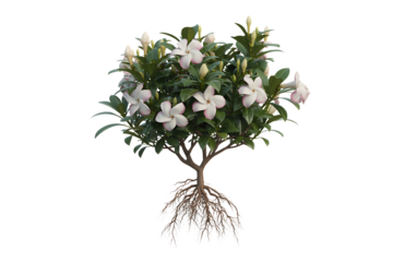 Realistic gardenia bush with white flowers and exposed roots isolated on transparent background