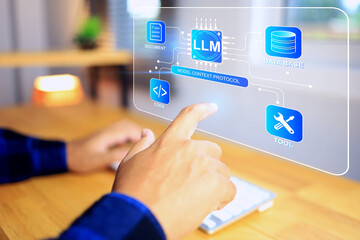 LLM large language model concept with hand reach out to pointing on virtual screen to interact system