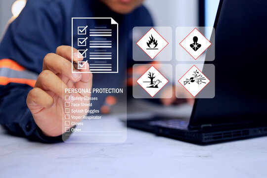 MSDS material safety data sheet concept with safety staff tick checkmark to checking hazard data for toxic chemical on virtual interface for hazardous chemicals
