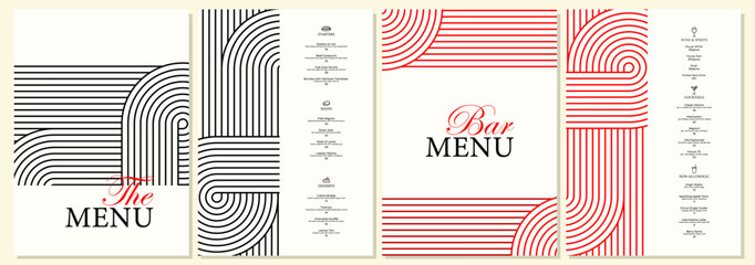 Elegant minimalist restaurant and bar menu template in black and red with geometric line design. Suitable for fine dining, modern bars, cafes, and branding projects.