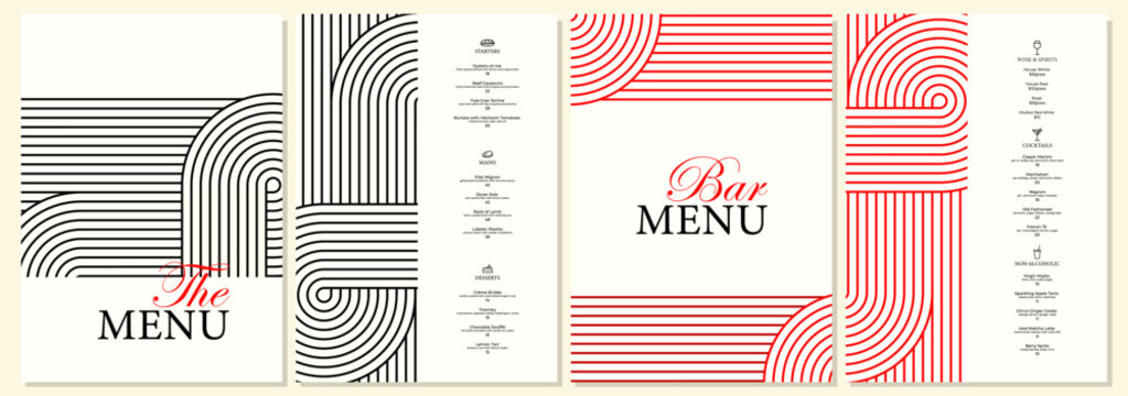 Elegant minimalist restaurant and bar menu template in black and red with geometric line design. Suitable for fine dining, modern bars, cafes, and branding projects. - Powered by Adobe