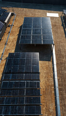 Aerial Top View of Warehouse Rooftop with Solar Panels – Photorealistic Industrial Green Energy Design