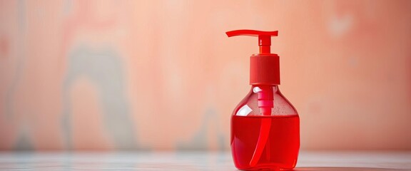 A vibrant red plastic soap bottle with a pump dispenser, bathroom supplies, red bottle