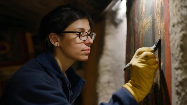 An art restorer focused on carefully restoring a painting in a dimly lit setting, showcasing dedication and expertise in preserving cultural heritage and artistry.
