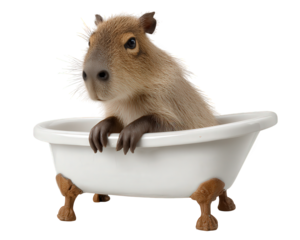 Cute and funny capybara pet animal relaxing in small white bathtub. This humorous rodent enjoys calm bath time, looking very content and adorable in water