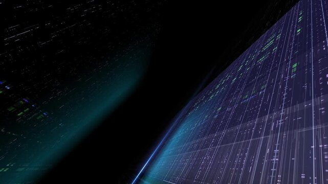A futuristic digital background featuring flowing neon grid lines and glowing data particles. Perfect for sci-fi projects, tech presentations, or high-tech motion design, etc. Video in loop.
