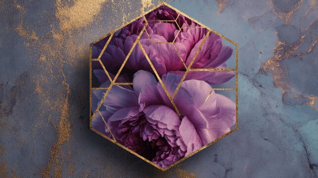 un marco decorativo dorado con espacio de copia con un fondo efecto marmol color gris con flores peonias rodeando el marco en colores y tonos pastel para invitacion o tarjeta femenina