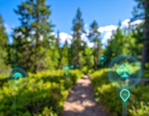 Augmented reality icons guiding through a blurred forest path