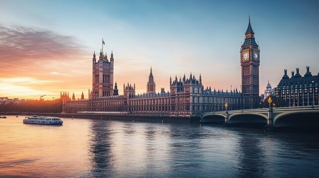 Panoramic view of the palace of westminster and big ben at sunset in london, united kingdom, with golden light