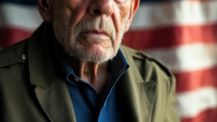 Portrait of senior man, with United States flag in background. Patriotic senior man expressing freedom, looking into camera.