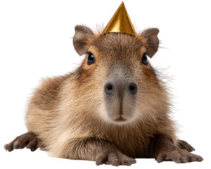 Funny cute capybara animal wearing gold party hat for birthday celebration. An adorable pet rodent with calm face, isolated for happy holiday event or greeting