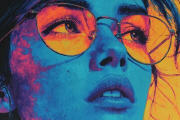 Young woman with glasses gazing thoughtfully against a vibrant background in blue and orange tones