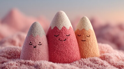 Cute mountain-like characters with smiling faces in a pastel landscape during sunset