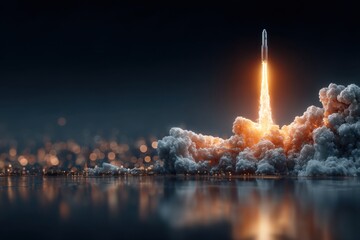 Rocket launches into the night sky leaving a trail of fire and smoke above a city skyline while spectators watch in awe