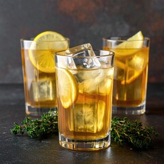 Iced drinks with lemons and garnish