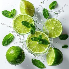 Limes slices, mint, and water splash